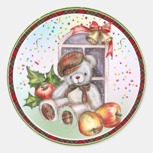 Sticker Rond Joli Teddy Bear Noël Bell Confetti (Devant)