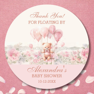 Sticker Rond Joli Teddy Rose fille Baby shower Merci