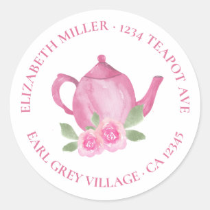 Sticker Rond Joli théière rose aquarelle adresse de retour
