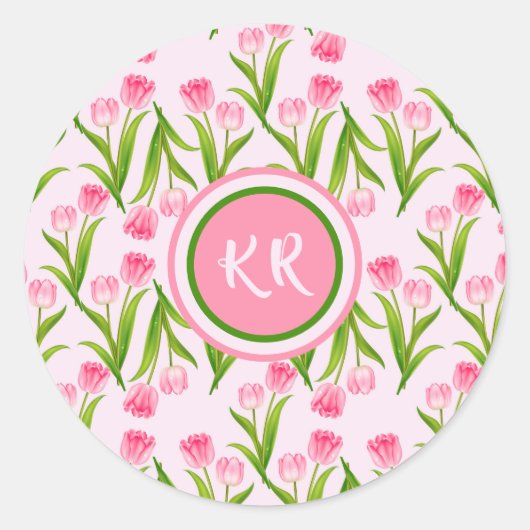 Sticker Rond Joli Tulipe rose Fleurs Florales Feuille Monogramm (Devant)