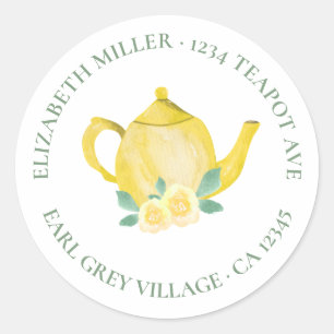 Sticker Rond Jolie adresse de retour aquarelle théière jaune