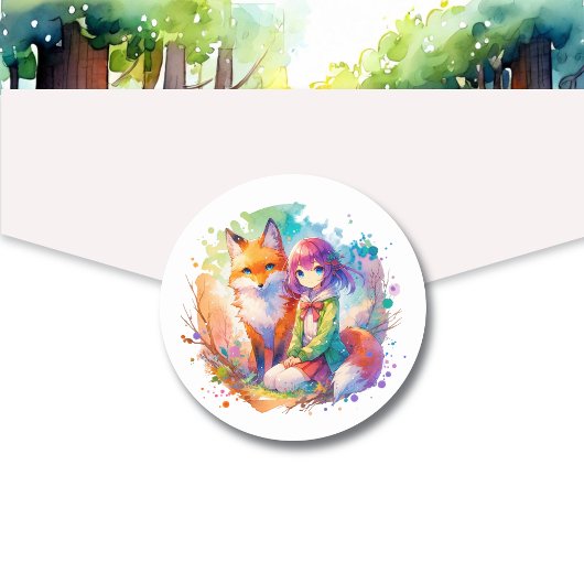 Sticker Rond Jolie aquarelle Anime Girl et Fox
