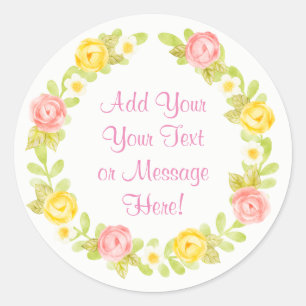 Sticker Rond Jolie aquarelle Rose Wreath Personnaliser