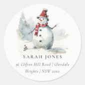 Sticker Rond Jolie Aquarelle Snowman Adresse de Noël (Devant)