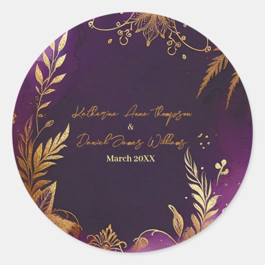 Sticker Rond Jolie aquarelle violet et or Mariage Floral (Devant)