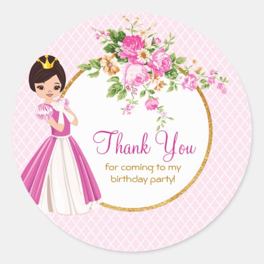 Sticker Rond Jolie Brunette Princesse Merci d'anniversaire (Devant)