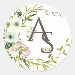 Sticker Rond Jolie couronne monogrammée de roses blanches et bl