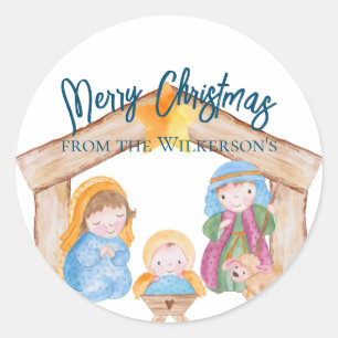 Sticker Rond Jolie Crèche de Noël à l'aquarelle