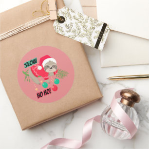 Sticker Rond Jolie et drôle Père Noël Sloth Lent Ho Ho