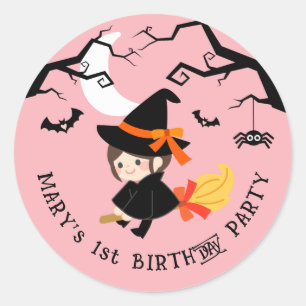 Sticker Rond Jolie et Éffrayante Sorcière rose Halloween fête d