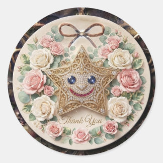 Sticker Rond Jolie Étoile Souriante avec Roses Autour Autocolla