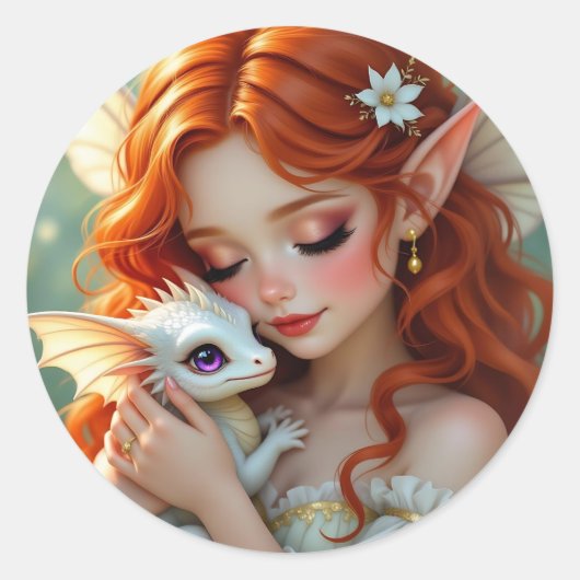 Sticker Rond Jolie fée aux cheveux roux avec dragon (Devant)