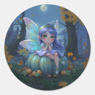 Sticker Rond Jolie fée sur une citrouille bleue