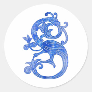 Sticker Rond Jolie Feminine Imaginaire Médiéval Bleu Dragon