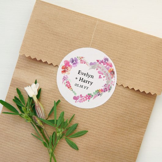 Sticker Rond Jolie Fête de Mariage Florale Cœur
