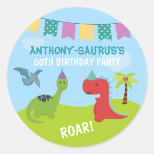 Sticker Rond Jolie fête personnalisée sur le thème des dinosaur
