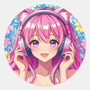 Sticker Rond Jolie Fille Anime Rose avec Écouteurs