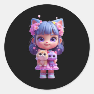 Sticker Rond Jolie fille avec un chat amical design drôle unise