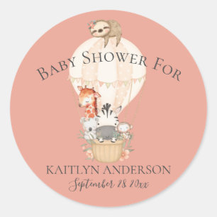 Sticker Rond Jolie fille bébé Montgolfière Girafe Zèbre