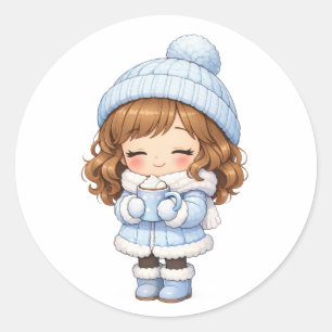 Sticker Rond Jolie Fille Chibi en Tenue d'Hiver Bleue