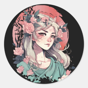 Sticker Rond Jolie Fille d'Anime