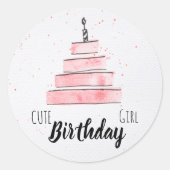 Sticker Rond Jolie fille d'anniversaire avec gâteau (Devant)