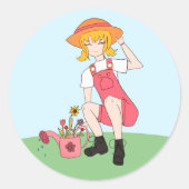 Sticker Rond Jolie fille de jardinage avec fleurs Cheveux blond (Devant)
