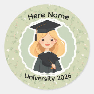 Sticker Rond Jolie fille diplômée, promotion 2026 Nom personnal