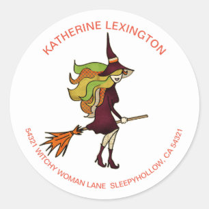 Sticker Rond Jolie fille Halloween sorcière Broomstick Adresse