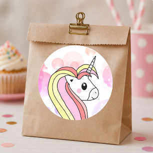 Sticker Rond Jolie Fille Licorne Rose Bulles