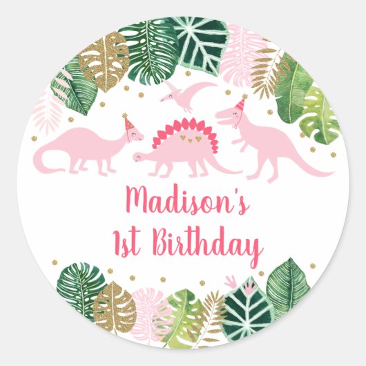 Sticker Rond Jolie fille rose et or Dinosaur Anniversaire (Devant)