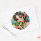 Sticker Rond Jolie fille thème fée et dragon (Enveloppe)