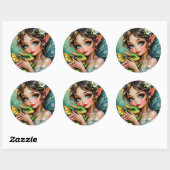 Sticker Rond Jolie fille thème fée et dragon (Feuille)