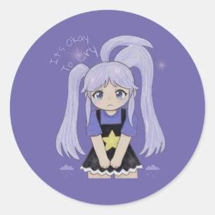 Sticker Rond Jolie Fille Triste Illustration Dessinée à la Main