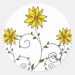 Sticker Rond Jolie Fleurs Jaunes Blancs Doodle Art