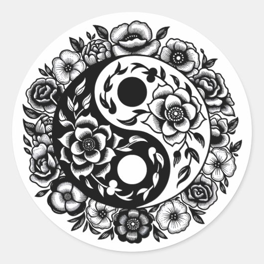 Sticker Rond Jolie florale noire et blanche Yin Yang (Devant)