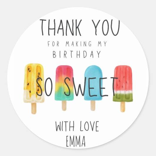 Sticker Rond Jolie Ice pop anniversaire Merci Favoriser (Devant)