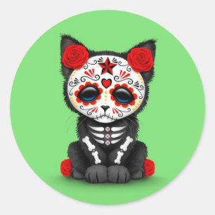 Sticker Rond Jolie Journée Rouge du chat Kitten Mort, vert