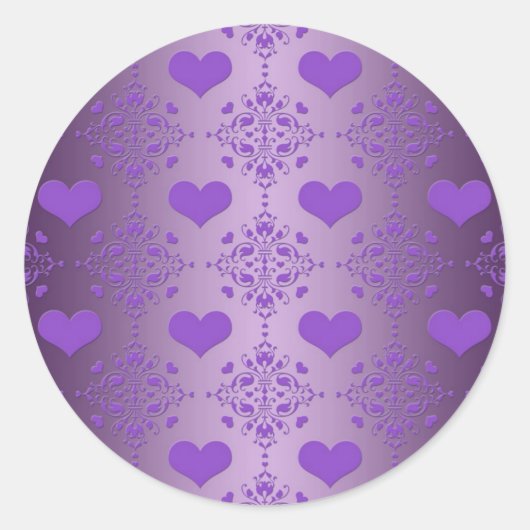 Sticker Rond Jolie Lavande Purple Hearts Damask (Devant)