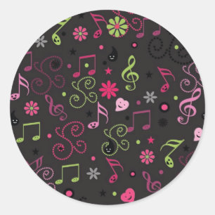 Sticker Rond Jolie musique adorable notes fleurs