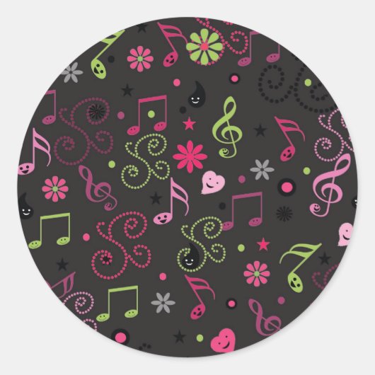 Sticker Rond Jolie musique adorable notes fleurs (Devant)