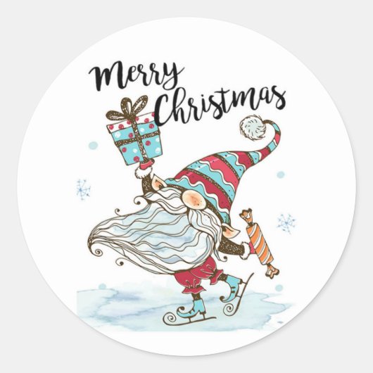 Sticker Rond Jolie Noël Gnome Patinage sur glace (Devant)