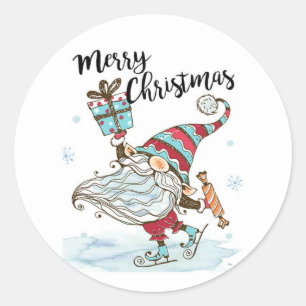 Sticker Rond Jolie Noël Gnome Patinage sur glace