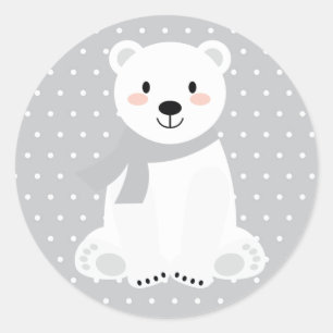 Sticker Rond Jolie ours polaire Baby Shower Gris