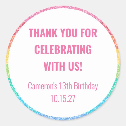 Sticker Rond Jolie Parties scintillant arc-en-ciel Personnalisé (Devant)