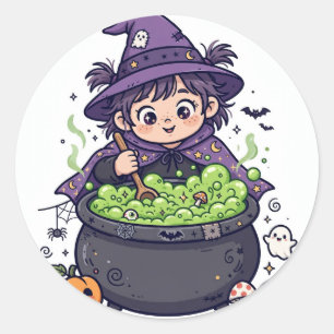 Sticker Rond Jolie Petite Sorcière Préparant un Potion Hallowee