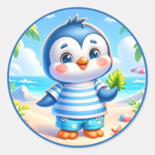Sticker Rond Jolie plage d'été pour les amateurs de pingouins