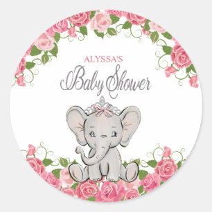 Sticker Rond Jolie princesse éléphant floral rose Baby Shower