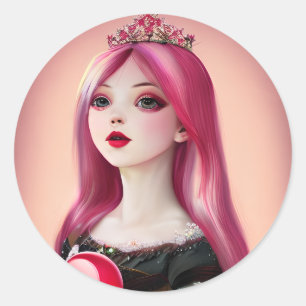 Sticker Rond Jolie princesse haïe rose avec Tiara