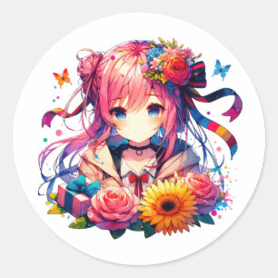 Sticker Rond Jolie Rainbow Anime Girl and Kitten fête d'anniver